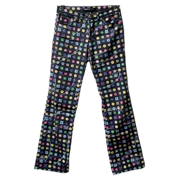 (SOLD) Versace Jeans Couture Black with Multicolour Vinyl Print Jeans 90s - Picture 1 of 6